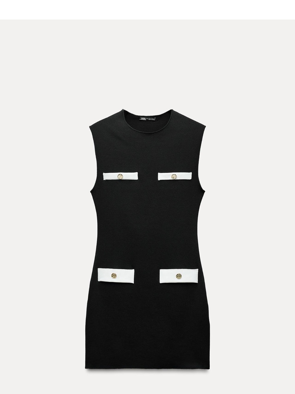 Zara Sleeveless Black Shift Dress with White Pocket Accents